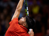 Carlos Alcaraz of Spain serves against Tomas Machac of Czechia during the 2024 Davis Cup Group B Stage match between Czechia and Spain at Pa...