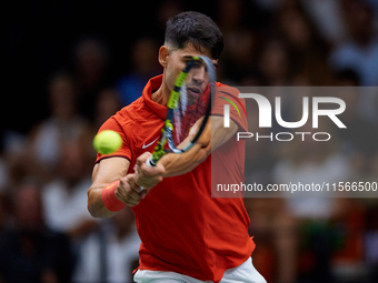 Carlos Alcaraz of Spain is in action during the game against Tomas Machac of Czechia during the 2024 Davis Cup Group B Stage match between C...