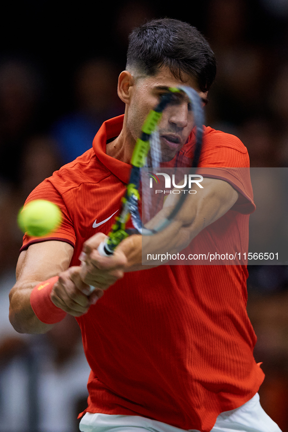 Carlos Alcaraz of Spain is in action during the game against Tomas Machac of Czechia during the 2024 Davis Cup Group B Stage match between C...