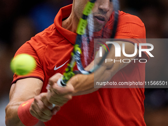 Carlos Alcaraz of Spain is in action during the game against Tomas Machac of Czechia during the 2024 Davis Cup Group B Stage match between C...