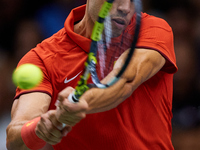 Carlos Alcaraz of Spain is in action during the game against Tomas Machac of Czechia during the 2024 Davis Cup Group B Stage match between C...