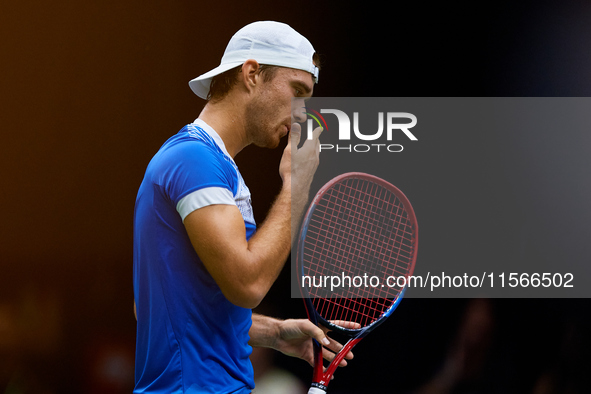 Tomas Machac of Czechia reacts during the game against Carlos Alcaraz of Spain during the 2024 Davis Cup Group B Stage match between Czechia...