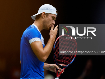 Tomas Machac of Czechia reacts during the game against Carlos Alcaraz of Spain during the 2024 Davis Cup Group B Stage match between Czechia...