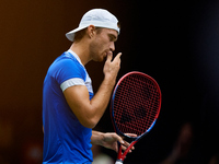 Tomas Machac of Czechia reacts during the game against Carlos Alcaraz of Spain during the 2024 Davis Cup Group B Stage match between Czechia...