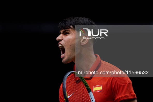 Carlos Alcaraz of Spain celebrates a point during the game against Tomas Machac of Czechia during the 2024 Davis Cup Group B Stage match bet...