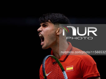 Carlos Alcaraz of Spain celebrates a point during the game against Tomas Machac of Czechia during the 2024 Davis Cup Group B Stage match bet...