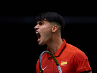 Carlos Alcaraz of Spain celebrates a point during the game against Tomas Machac of Czechia during the 2024 Davis Cup Group B Stage match bet...