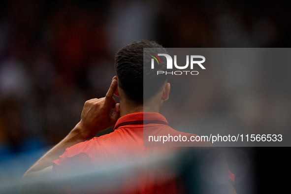 Carlos Alcaraz of Spain celebrates a point during the game against Tomas Machac of Czechia during the 2024 Davis Cup Group B Stage match bet...