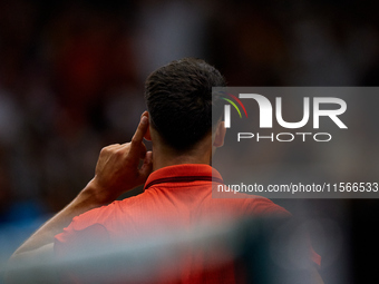 Carlos Alcaraz of Spain celebrates a point during the game against Tomas Machac of Czechia during the 2024 Davis Cup Group B Stage match bet...