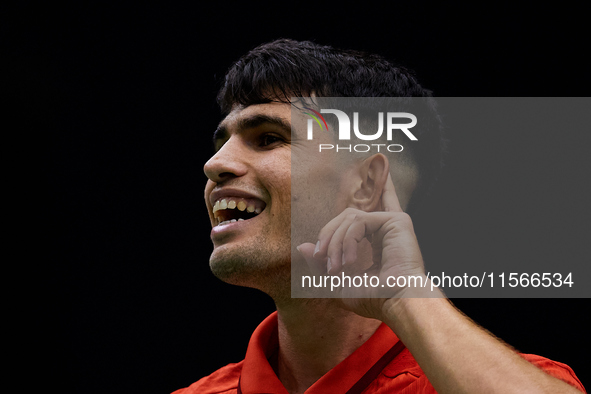 Carlos Alcaraz of Spain celebrates a point during the game against Tomas Machac of Czechia during the 2024 Davis Cup Group B Stage match bet...