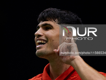 Carlos Alcaraz of Spain celebrates a point during the game against Tomas Machac of Czechia during the 2024 Davis Cup Group B Stage match bet...