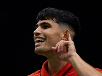 Carlos Alcaraz of Spain celebrates a point during the game against Tomas Machac of Czechia during the 2024 Davis Cup Group B Stage match bet...