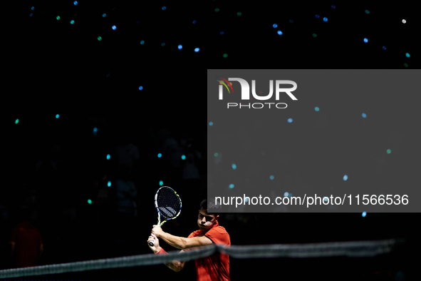 Carlos Alcaraz of Spain warms up prior to the game against Tomas Machac of Czechia during the 2024 Davis Cup Group B Stage match between Cze...