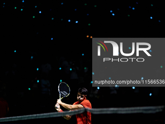 Carlos Alcaraz of Spain warms up prior to the game against Tomas Machac of Czechia during the 2024 Davis Cup Group B Stage match between Cze...