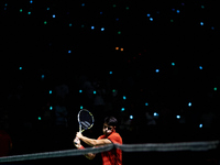 Carlos Alcaraz of Spain warms up prior to the game against Tomas Machac of Czechia during the 2024 Davis Cup Group B Stage match between Cze...