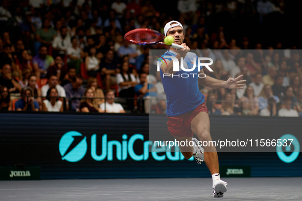 Tomas Machac of Czechia plays against Carlos Alcaraz of Spain during the 2024 Davis Cup Group B Stage match between Czechia and Spain at Pab...