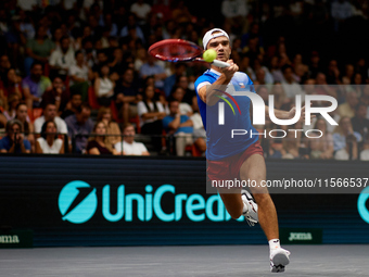 Tomas Machac of Czechia plays against Carlos Alcaraz of Spain during the 2024 Davis Cup Group B Stage match between Czechia and Spain at Pab...