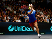 Tomas Machac of Czechia plays against Carlos Alcaraz of Spain during the 2024 Davis Cup Group B Stage match between Czechia and Spain at Pab...