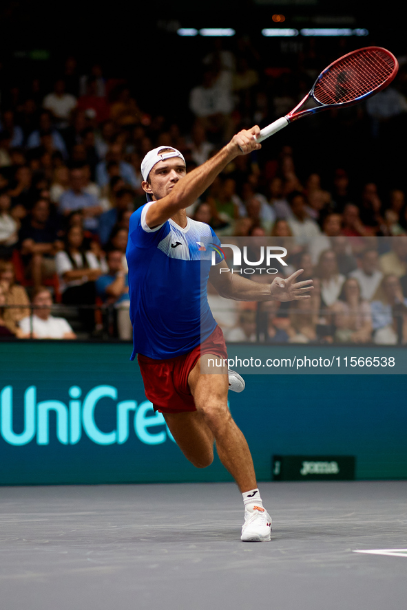 Tomas Machac of Czechia plays against Carlos Alcaraz of Spain during the 2024 Davis Cup Group B Stage match between Czechia and Spain at Pab...