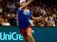 Tomas Machac of Czechia plays against Carlos Alcaraz of Spain during the 2024 Davis Cup Group B Stage match between Czechia and Spain at Pab...