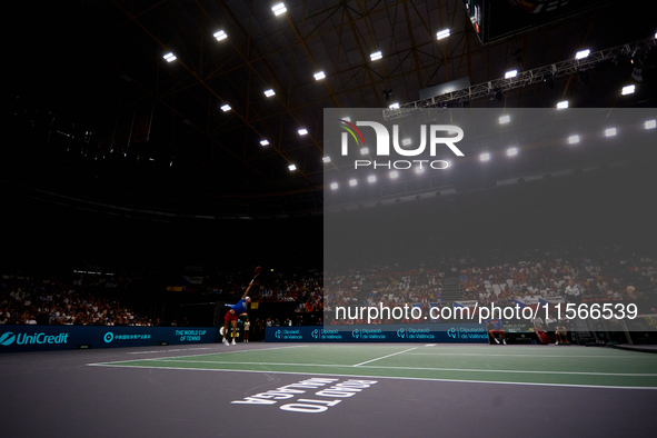 Tomas Machac of Czechia plays against Carlos Alcaraz of Spain during the 2024 Davis Cup Group B Stage match between Czechia and Spain at Pab...