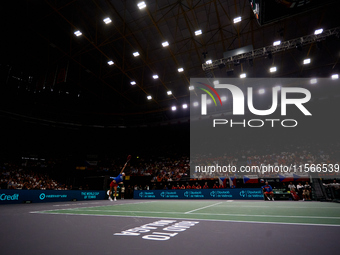 Tomas Machac of Czechia plays against Carlos Alcaraz of Spain during the 2024 Davis Cup Group B Stage match between Czechia and Spain at Pab...