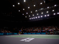 Tomas Machac of Czechia plays against Carlos Alcaraz of Spain during the 2024 Davis Cup Group B Stage match between Czechia and Spain at Pab...