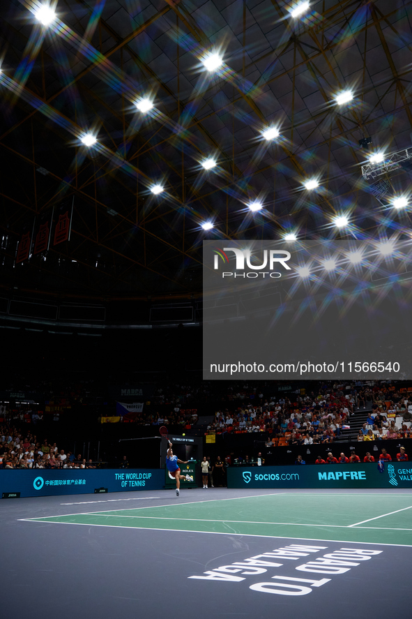 Tomas Machac of Czechia plays against Carlos Alcaraz of Spain during the 2024 Davis Cup Group B Stage match between Czechia and Spain at Pab...