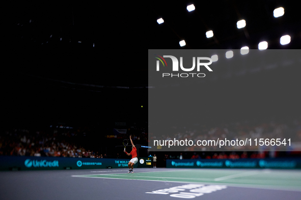 Carlos Alcaraz of Spain serves against Tomas Machac of Czechia during the 2024 Davis Cup Group B Stage match between Czechia and Spain at Pa...