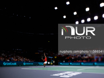 Carlos Alcaraz of Spain serves against Tomas Machac of Czechia during the 2024 Davis Cup Group B Stage match between Czechia and Spain at Pa...