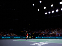 Carlos Alcaraz of Spain serves against Tomas Machac of Czechia during the 2024 Davis Cup Group B Stage match between Czechia and Spain at Pa...