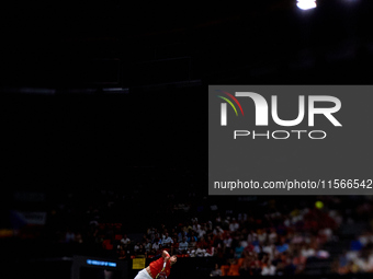 Carlos Alcaraz of Spain serves against Tomas Machac of Czechia during the 2024 Davis Cup Group B Stage match between Czechia and Spain at Pa...