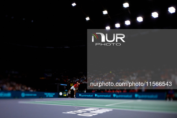 Carlos Alcaraz of Spain serves against Tomas Machac of Czechia during the 2024 Davis Cup Group B Stage match between Czechia and Spain at Pa...