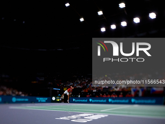 Carlos Alcaraz of Spain serves against Tomas Machac of Czechia during the 2024 Davis Cup Group B Stage match between Czechia and Spain at Pa...