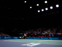 Carlos Alcaraz of Spain serves against Tomas Machac of Czechia during the 2024 Davis Cup Group B Stage match between Czechia and Spain at Pa...