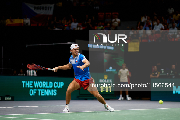 Tomas Machac of Czechia plays against Carlos Alcaraz of Spain during the 2024 Davis Cup Group B Stage match between Czechia and Spain at Pab...