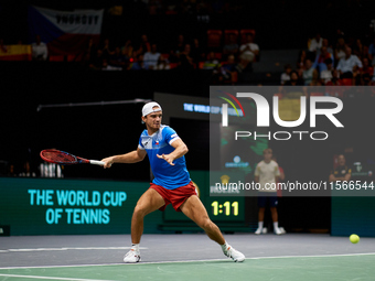 Tomas Machac of Czechia plays against Carlos Alcaraz of Spain during the 2024 Davis Cup Group B Stage match between Czechia and Spain at Pab...