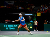 Tomas Machac of Czechia plays against Carlos Alcaraz of Spain during the 2024 Davis Cup Group B Stage match between Czechia and Spain at Pab...