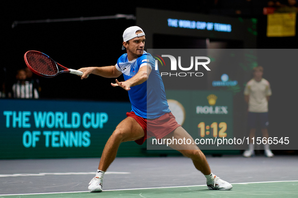 Tomas Machac of Czechia plays against Carlos Alcaraz of Spain during the 2024 Davis Cup Group B Stage match between Czechia and Spain at Pab...