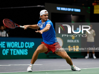 Tomas Machac of Czechia plays against Carlos Alcaraz of Spain during the 2024 Davis Cup Group B Stage match between Czechia and Spain at Pab...