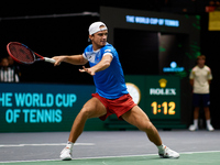 Tomas Machac of Czechia plays against Carlos Alcaraz of Spain during the 2024 Davis Cup Group B Stage match between Czechia and Spain at Pab...