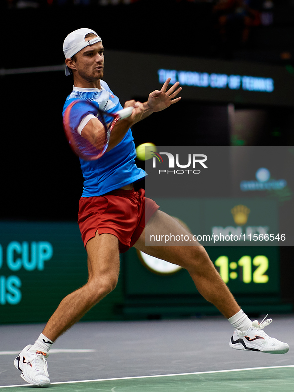 Tomas Machac of Czechia plays against Carlos Alcaraz of Spain during the 2024 Davis Cup Group B Stage match between Czechia and Spain at Pab...