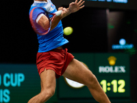 Tomas Machac of Czechia plays against Carlos Alcaraz of Spain during the 2024 Davis Cup Group B Stage match between Czechia and Spain at Pab...