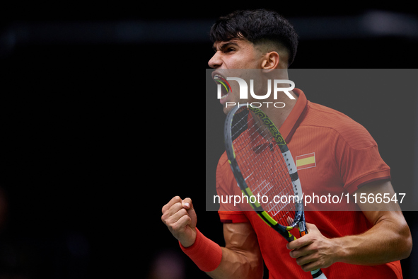 Carlos Alcaraz of Spain celebrates a point during the game against Tomas Machac of Czechia during the 2024 Davis Cup Group B Stage match bet...