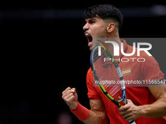 Carlos Alcaraz of Spain celebrates a point during the game against Tomas Machac of Czechia during the 2024 Davis Cup Group B Stage match bet...