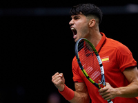 Carlos Alcaraz of Spain celebrates a point during the game against Tomas Machac of Czechia during the 2024 Davis Cup Group B Stage match bet...