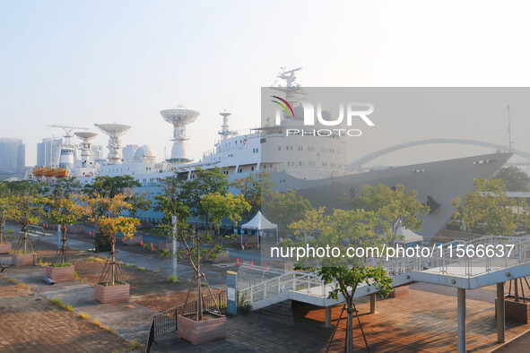 The Yuanwang 1 space merit ship is moored to visitors at the former site of Jiangnan Shipyard on the Huangpu River in Shanghai, China, on Se...