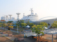 The Yuanwang 1 space merit ship is moored to visitors at the former site of Jiangnan Shipyard on the Huangpu River in Shanghai, China, on Se...