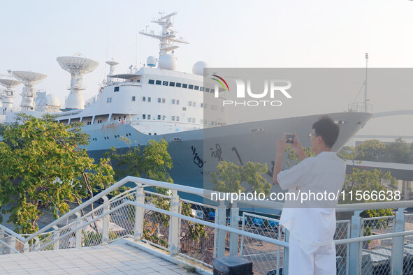 The Yuanwang 1 space merit ship is moored to visitors at the former site of Jiangnan Shipyard on the Huangpu River in Shanghai, China, on Se...