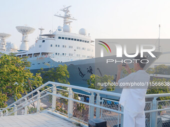 The Yuanwang 1 space merit ship is moored to visitors at the former site of Jiangnan Shipyard on the Huangpu River in Shanghai, China, on Se...